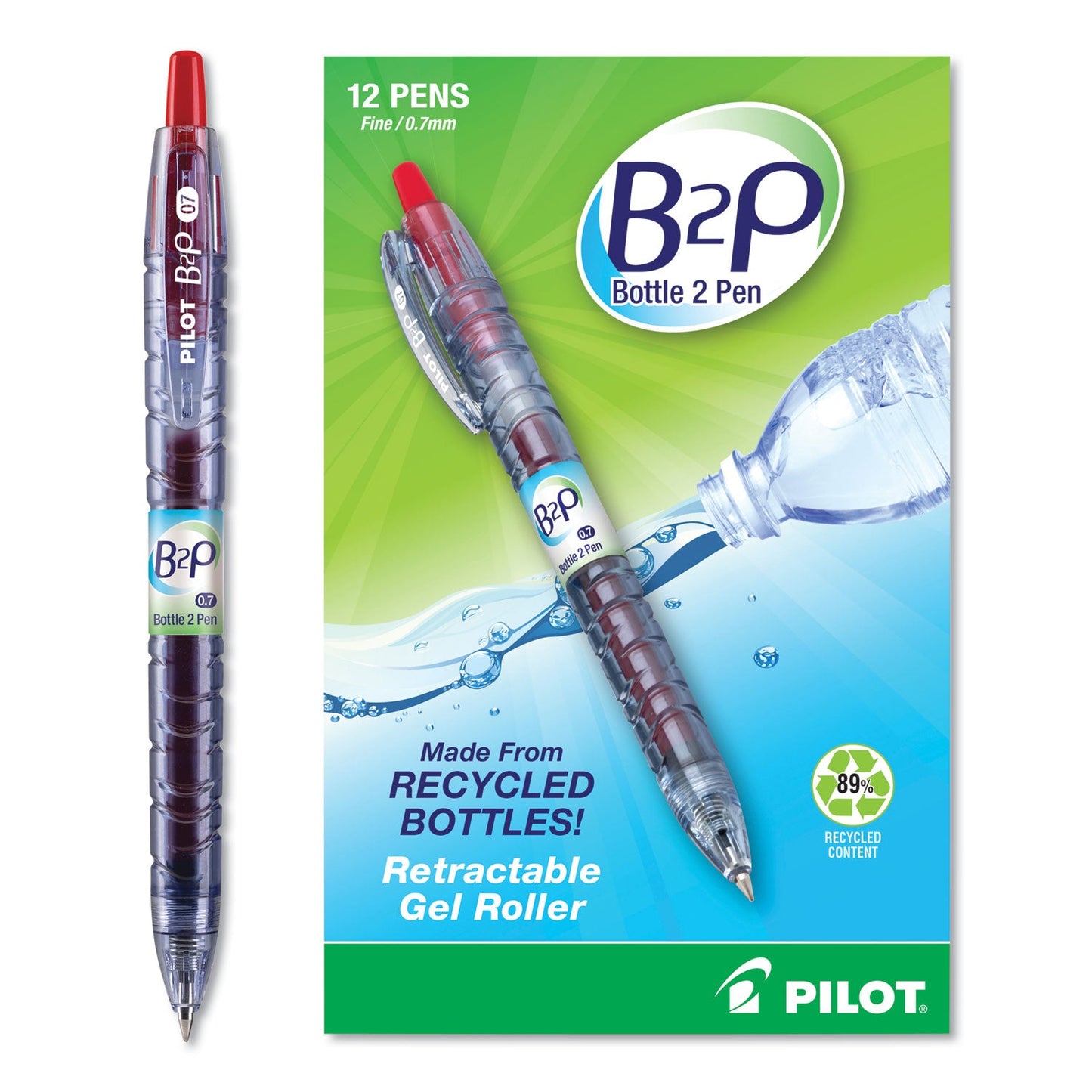 Pilot B2P Bottle-2-Pen Recycled Gel Pen, Retractable, Fine 0.7 mm, Red Ink, Translucent Blue Barrel