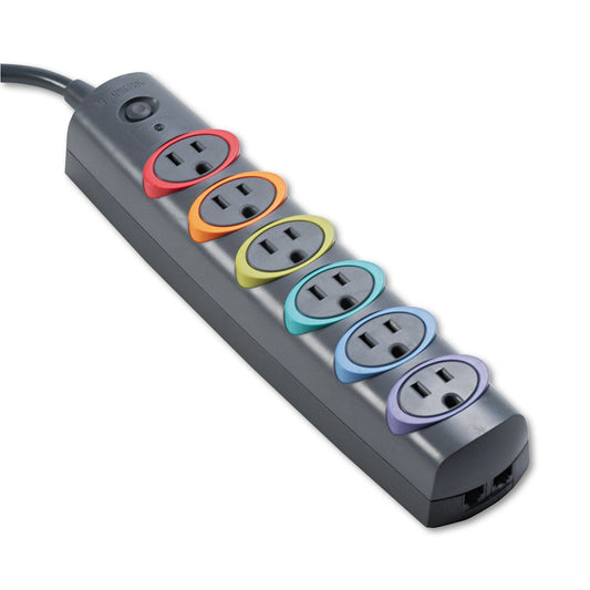 Kensington SmartSockets Color-Coded Strip Surge Protector, 6 AC Outlets, 6 ft Cord, 670 J, Black