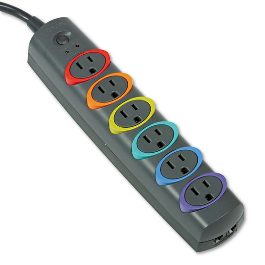 Kensington SmartSockets Color-Coded Strip Surge Protector, 6 AC Outlets, 7 ft Cord, 945 J, Black