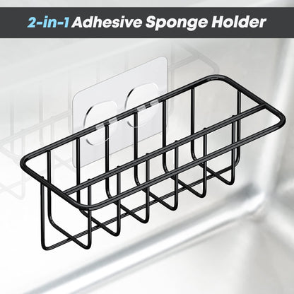 Adhesive Kitchen Sink Sponge Holder   Dish Cloth Hanger   Soap Holder 2 in 1 Kitchen Sink Caddy 304 Stainless Steel Rust Proof Water Proof No Drilling (Black)