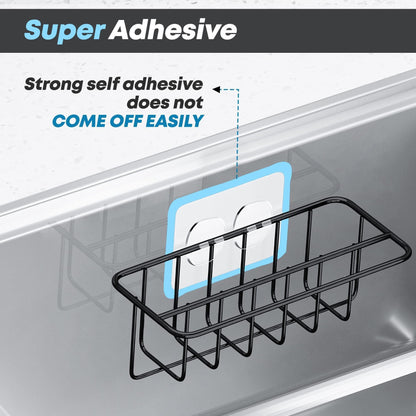 Adhesive Kitchen Sink Sponge Holder   Dish Cloth Hanger   Soap Holder 2 in 1 Kitchen Sink Caddy 304 Stainless Steel Rust Proof Water Proof No Drilling (Black)