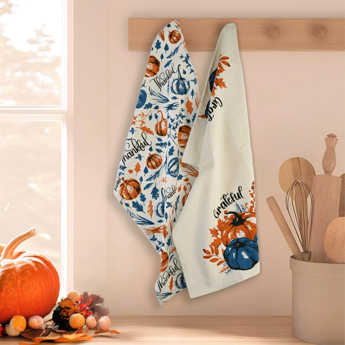 Set of 2 Thankful & Grateful Printed Dish Towels Hand Towels Boho Tea Towels Multifunctional Stylish Absorbent Quick Dry Soft 18  x28  100% Cotton Blue & Orange