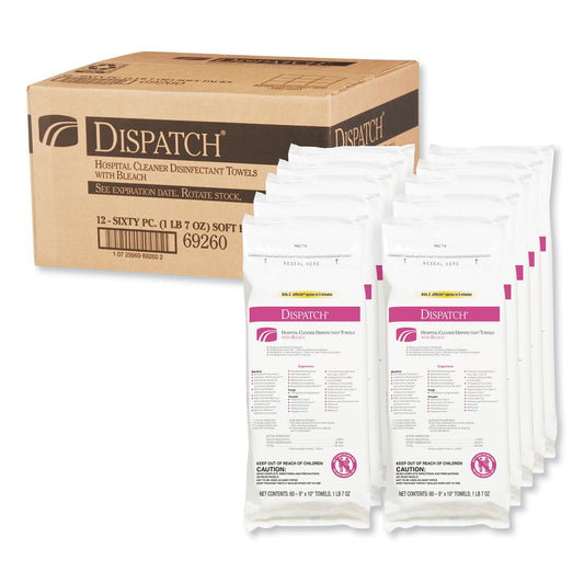 Clorox Dispatch Cleaner Disinfectant Towels with Bleach, 9 x 10, Unscented, 60/Pack, 12 Packs/Carton