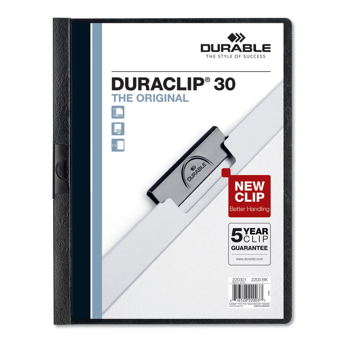Durable DuraClip Report Cover, Clip Fastener,  8.5 x 11, Clear/Black, 5/Pack