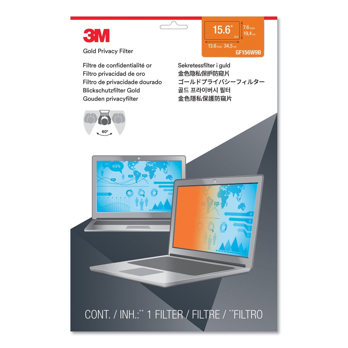 3M Gold Frameless Privacy Filter for 15.6" Widescreen Laptop, 16:9 Aspect Ratio