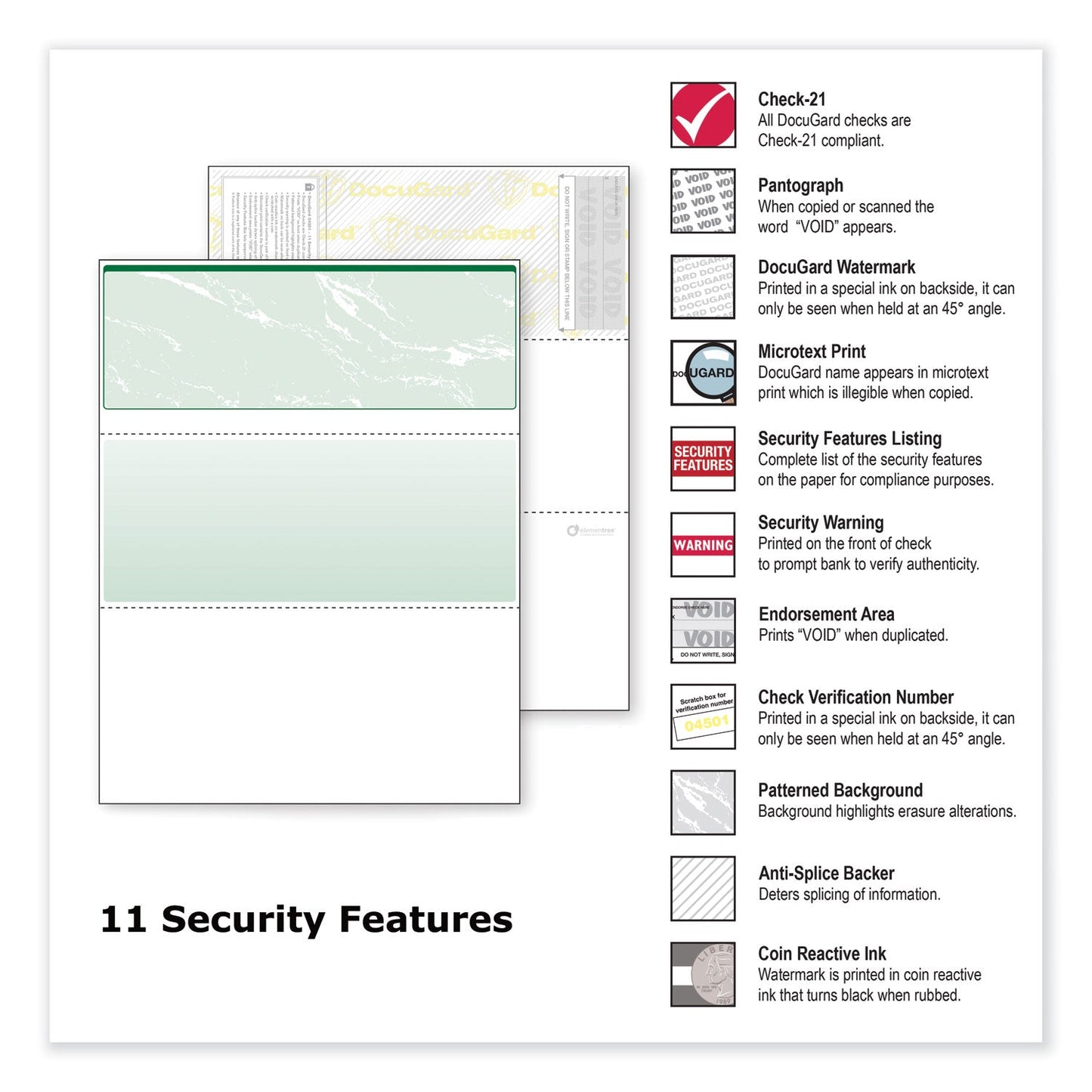DocuGard Standard Security Check, 11 Features, 8.5 x 11, Green Marble Top, 500/Ream