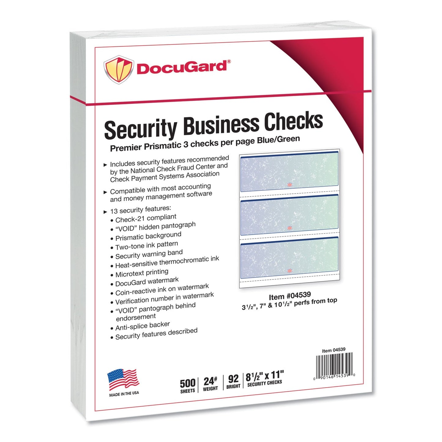 DocuGard Premier Prismatic Check, 13 Features, 8.5 x 11, Blue/Green Prismatic, 500/Ream