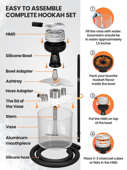 Portable Hookah Set with Everything  YADO Acrylic Hookah Kit To Go  Sisha Hooka Set with Charcoal Holder Heat Management Device, Black Silicone Hooka Bowl, Hose and Bag  Hookah Machine