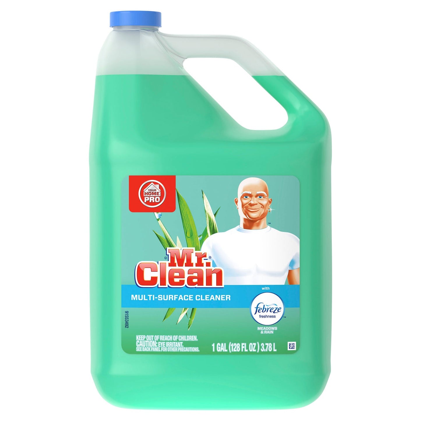 Mr. Clean Multipurpose Cleaning Solution with Febreze, 128 oz Bottle, Meadows and Rain Scent