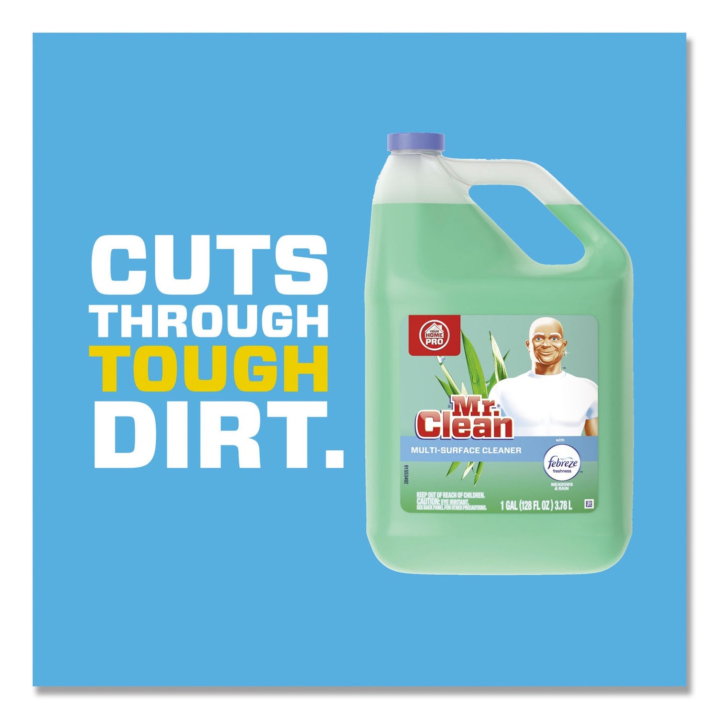 Mr. Clean Multipurpose Cleaning Solution with Febreze, 128 oz Bottle, Meadows and Rain Scent
