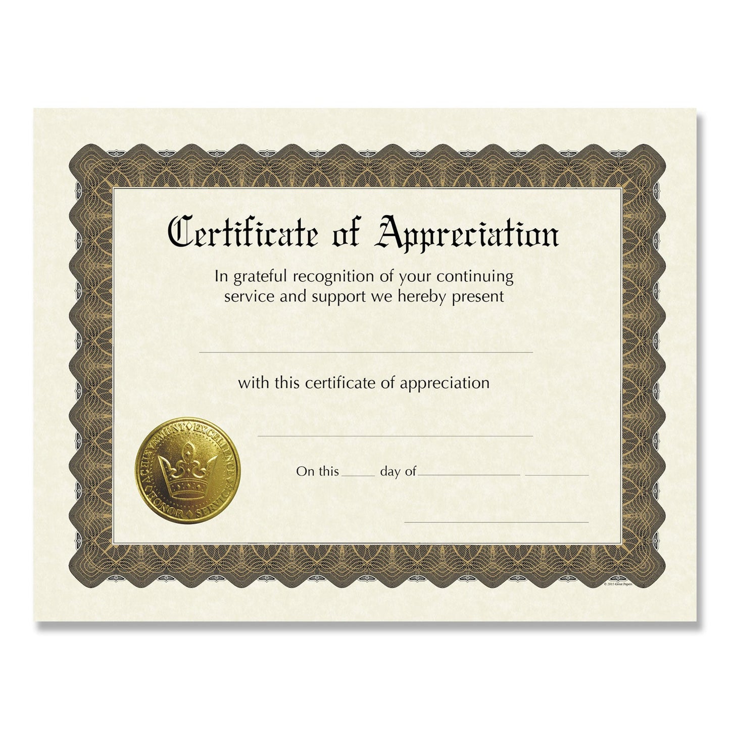 Great Papers! Ready-to-Use Certificates, Appreciation, 11 x 8.5, Ivory/Brown/Gold Colors with Brown Border, 6/Pack