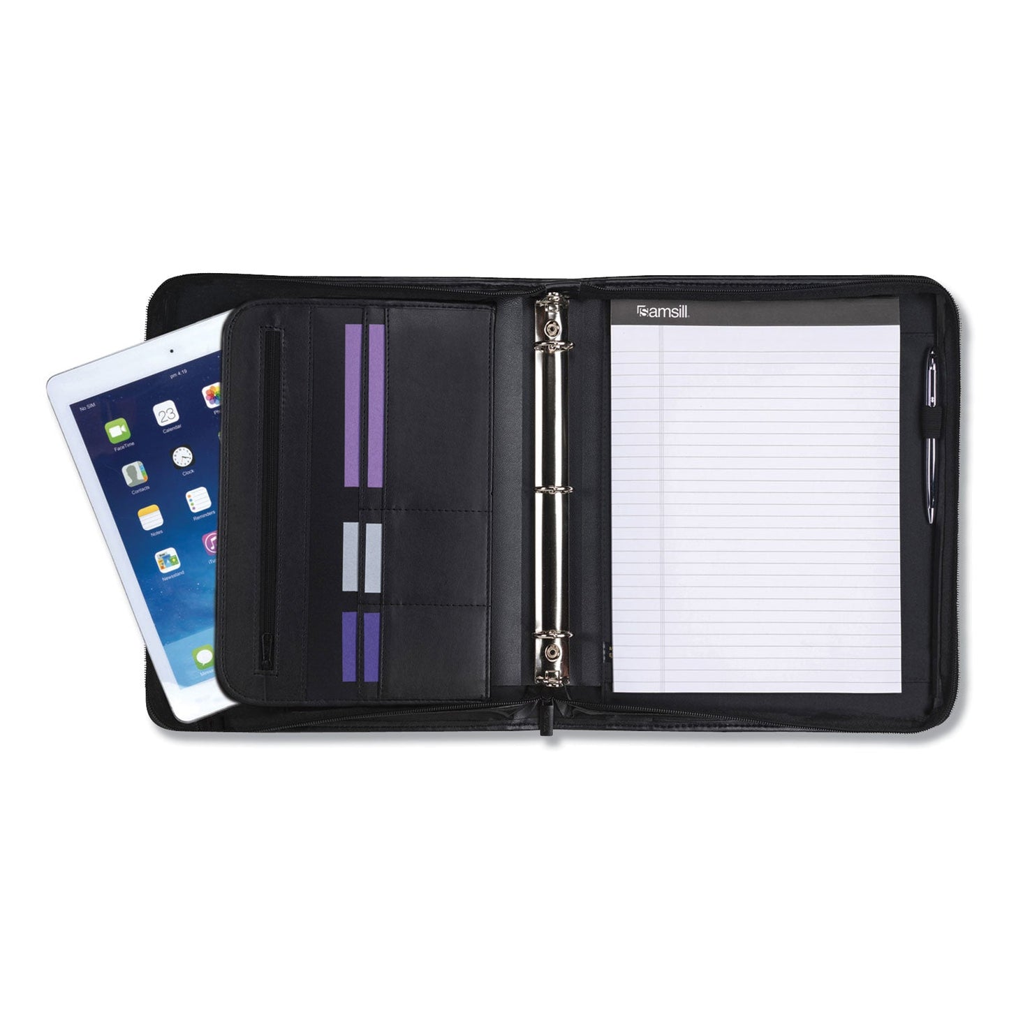 Samsill Professional Zippered Pad Holder/Ring Binder, Pockets, Writing Pad, Vinyl Black