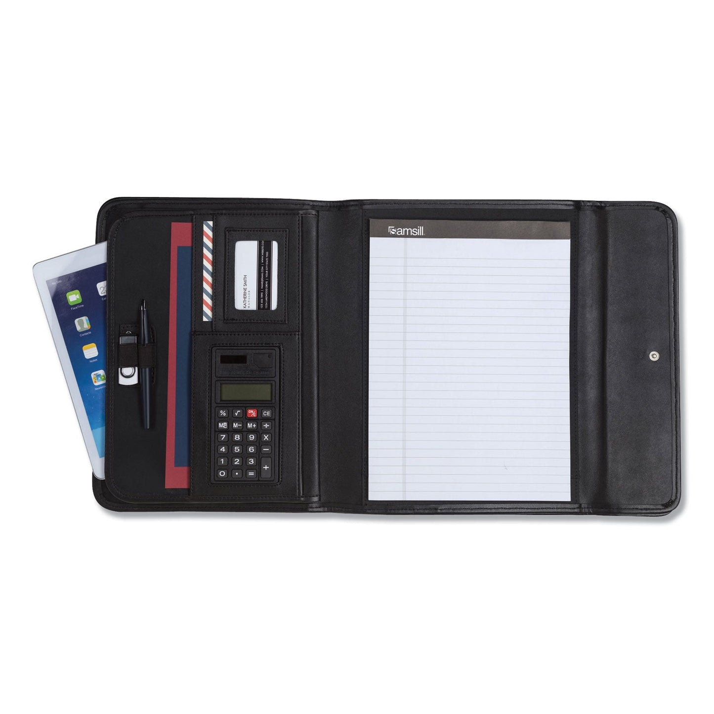 Samsill Professional Tri-Fold Padfolio w/Calculator, Writing Pad, Vinyl, Black
