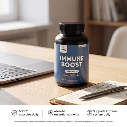 Immune Support Capsules for Adults with Elderberry, Vitamin C, Vitamin D3 & Zinc – Daily Immune Defense Supplement  Zealthy Life  60 Capsules