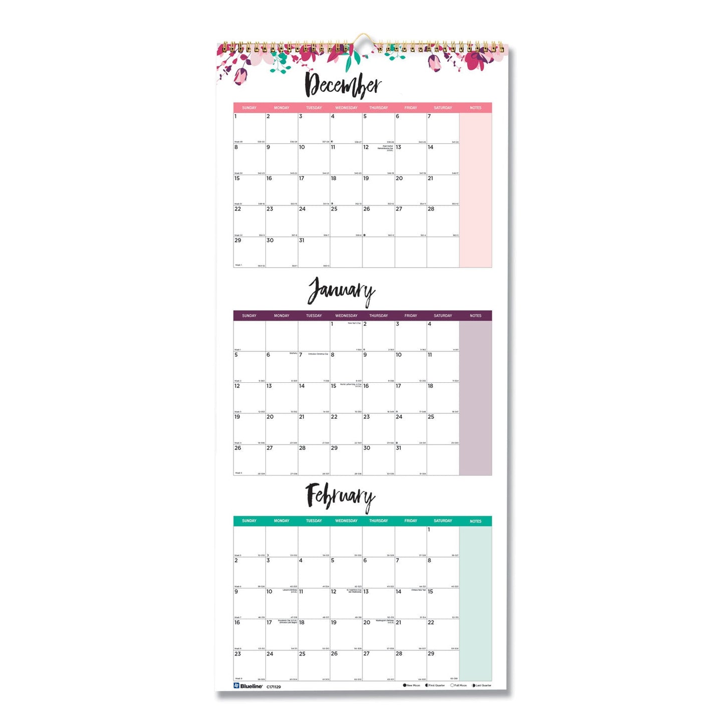Blueline 3-Month Wall Calendar, Colorful Leaves Artwork, 12.25 x 27, White/Multicolor Sheets, 12-Month (Jan to Dec): 2023