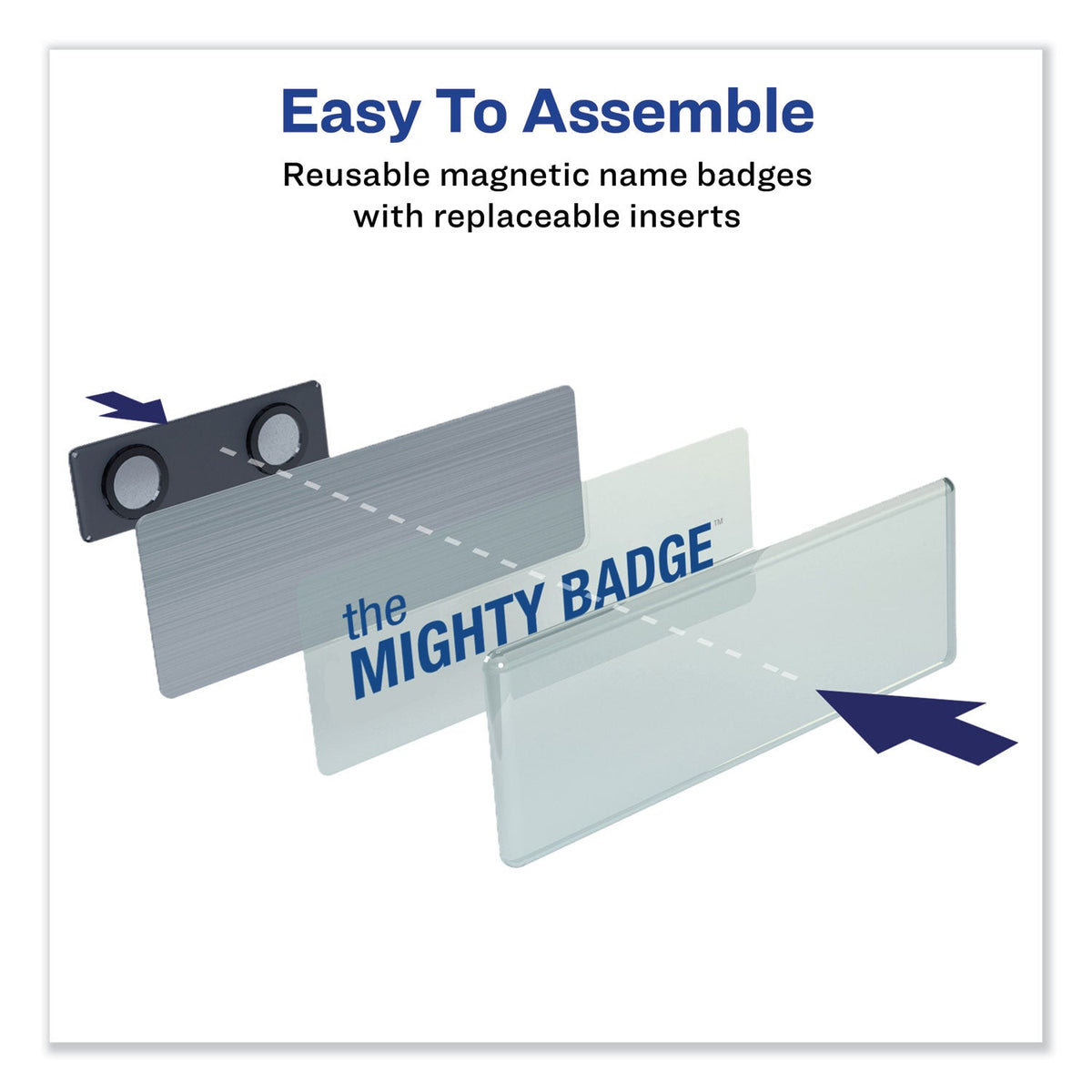 Avery The Mighty Badge Name Badge Holder Kit, Horizontal, 3 x 1, Laser, Silver, 4 Holders/32 Inserts