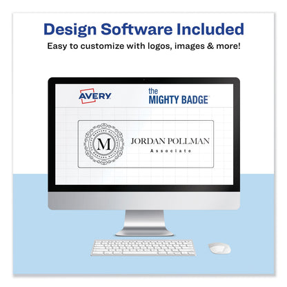 Avery The Mighty Badge Name Badge Holder Kit, Horizontal, 3 x 1, Laser, Silver, 4 Holders/32 Inserts