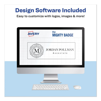 Avery The Mighty Badge Name Badge Holder Kit, Horizontal, 3 x 1, Inkjet, Gold, 10 Holders/ 80 Inserts