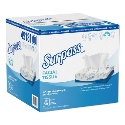 Surpass Facial Tissue, 2-Ply, White, Flat Box, 125/Box, 10 Boxes/Carton