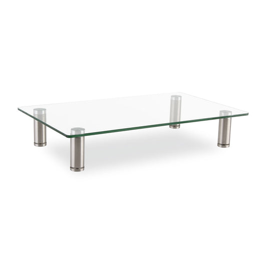 Innovera Adjustable Tempered Glass Monitor Riser, 15.75" x 9.5" x 3" to 3.5", Clear/Silver, Supports 44 lbs