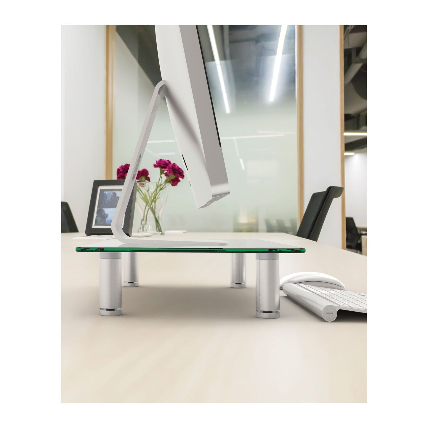 Innovera Adjustable Tempered Glass Monitor Riser, 15.75" x 9.5" x 3" to 3.5", Clear/Silver, Supports 44 lbs