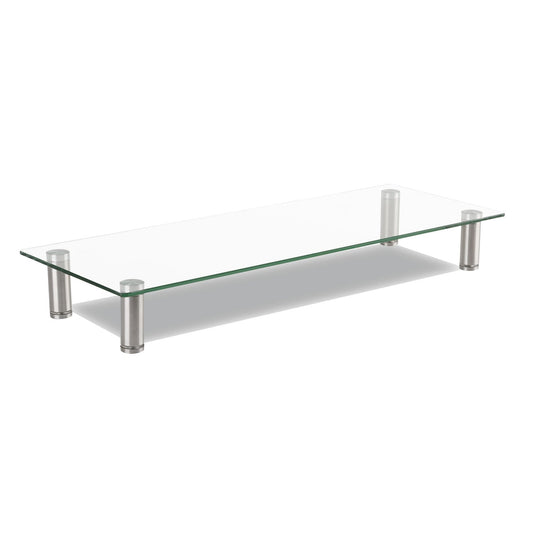 Innovera Adjustable Tempered Glass Monitor Riser, 22.75" x 8.25" x 3" to 3.5", Clear/Silver