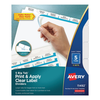 Avery Print and Apply Index Maker Clear Label Dividers, Big Tab, 5-Tab, White Tabs, 11 x 8.5, White, 5 Sets