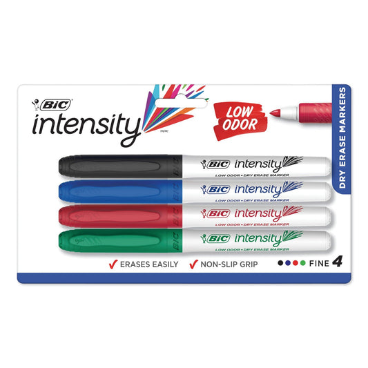 BIC Intensity Low Odor Fine Point Dry Erase Marker, Fine Bullet Tip, Assorted Colors, 4/Set