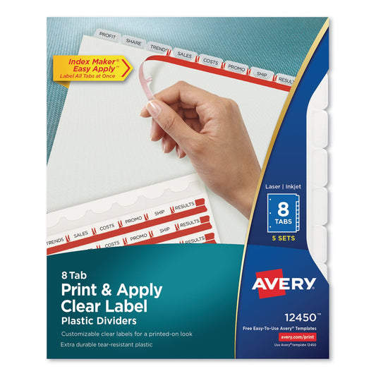Avery Print and Apply Index Maker Clear Label Plastic Dividers w/Printable Label Strip, 8-Tab, 11 x 8.5, Frosted Clear Tabs, 5 Sets