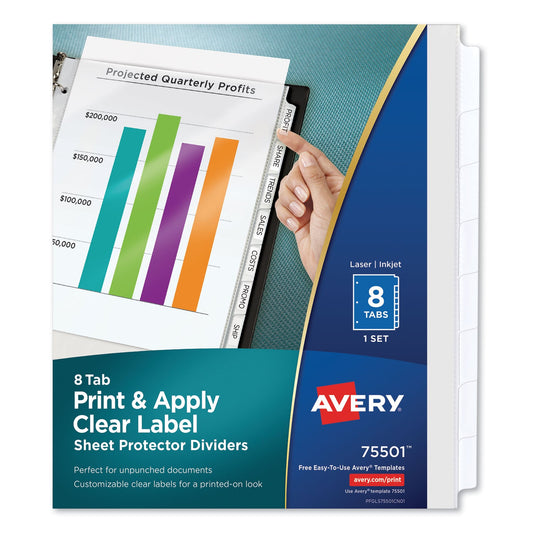 Avery Print and Apply Index Maker Clear Label Sheet Protector Dividers with White Tabs, 8-Tab, 11 x 8.5, Clear, 1 Set