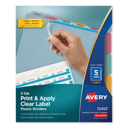 Avery Print and Apply Index Maker Clear Label Plastic Dividers with Printable Label Strip, 5-Tab, 11 x 8.5, Assorted Tabs, 5 Sets