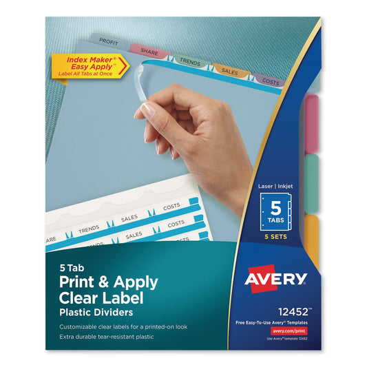 Avery Print and Apply Index Maker Clear Label Plastic Dividers with Printable Label Strip, 5-Tab, 11 x 8.5, Assorted Tabs, 5 Sets