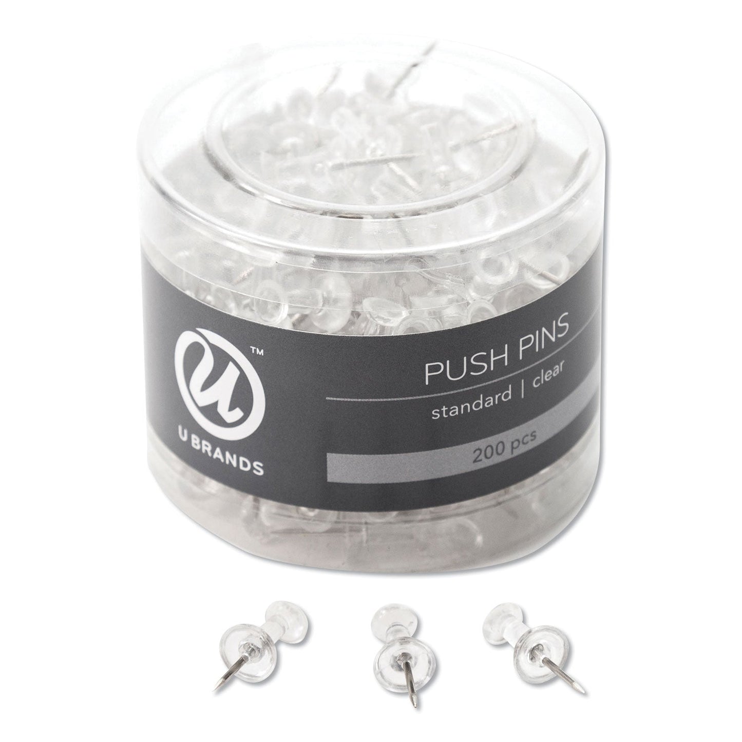 U Brands Standard Push Pins, Plastic, Clear, 0.44", 200/Pack