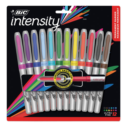 BIC Intensity Ultra Fine Tip Permanent Marker, Extra-Fine Needle Tip, Assorted Colors, Dozen