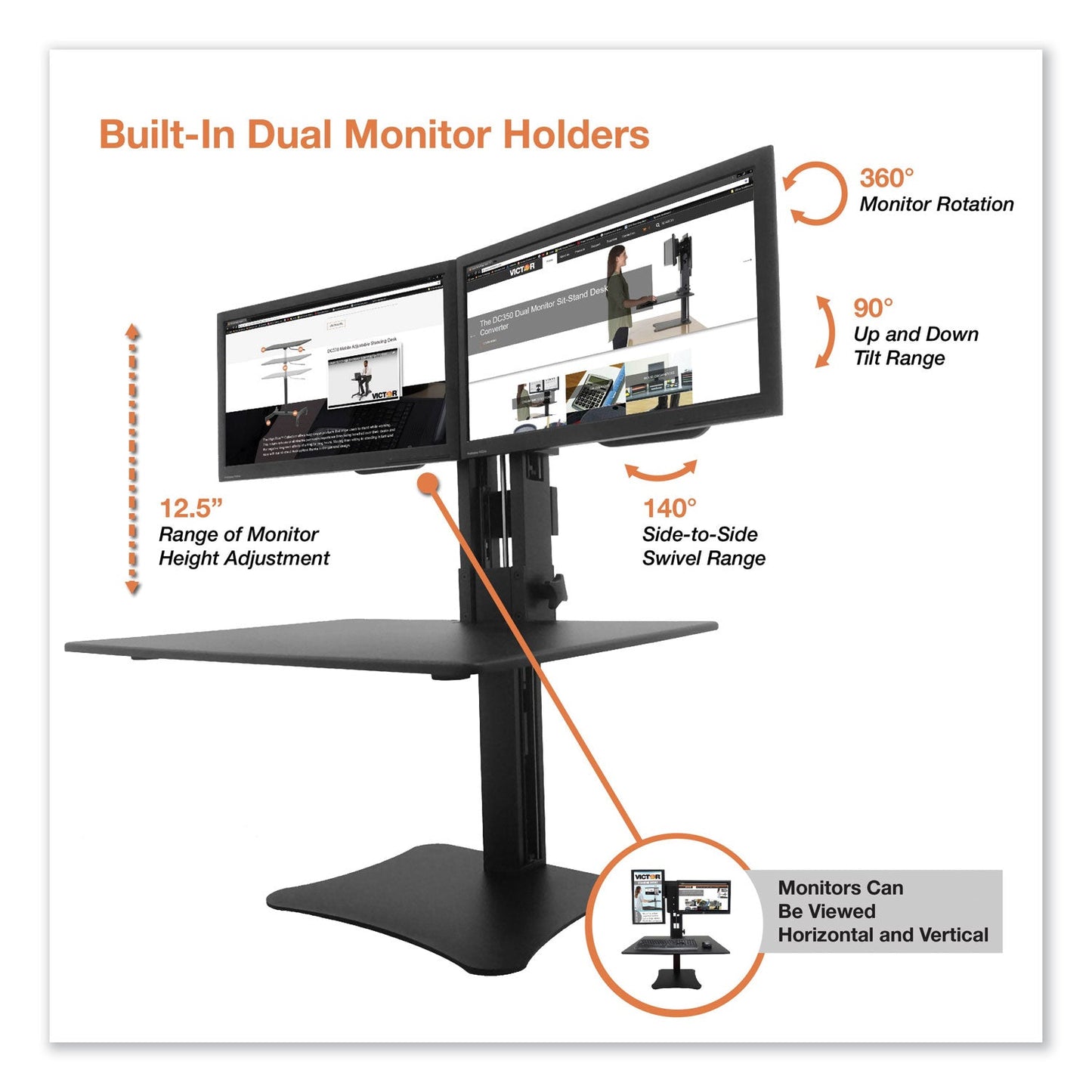Victor High Rise Dual Monitor Standing Desk Workstation, 28" x 23" x 10.5" to 15.5", Black