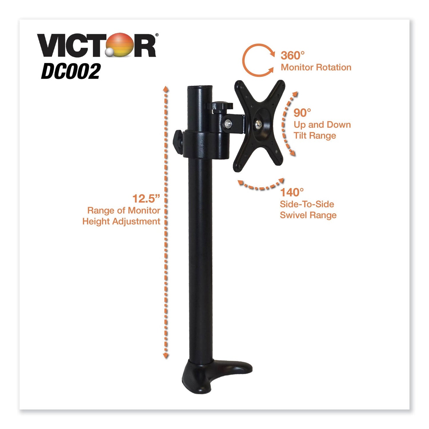 Victor Single/Dual Arm Mount System for 23" Monitors, 180 deg; 225 deg Rotation, 45 deg Tilt, 360 deg Pan, Black, Supports 15 lb