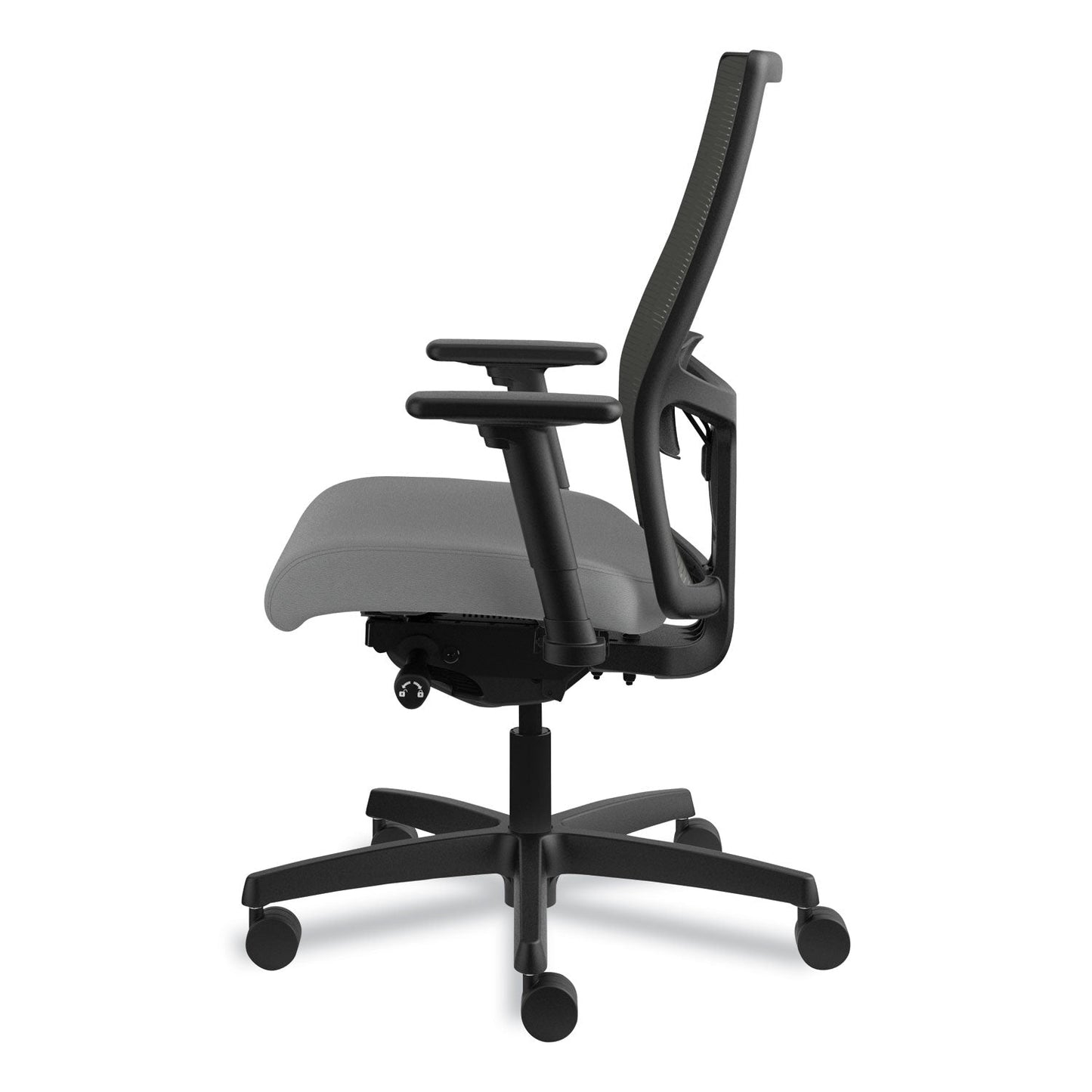 HON Ignition 2.0 4-Way Stretch Mid-Back Mesh Task Chair, Supports 300 lb, 17" to 21" Seat, Frost Seat, Charcoal Back, Black Base