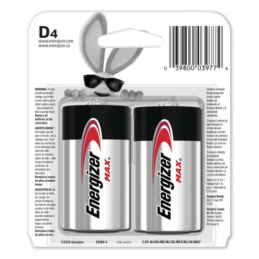 Energizer MAX Alkaline D Batteries, 1.5 V, 4/Pack
