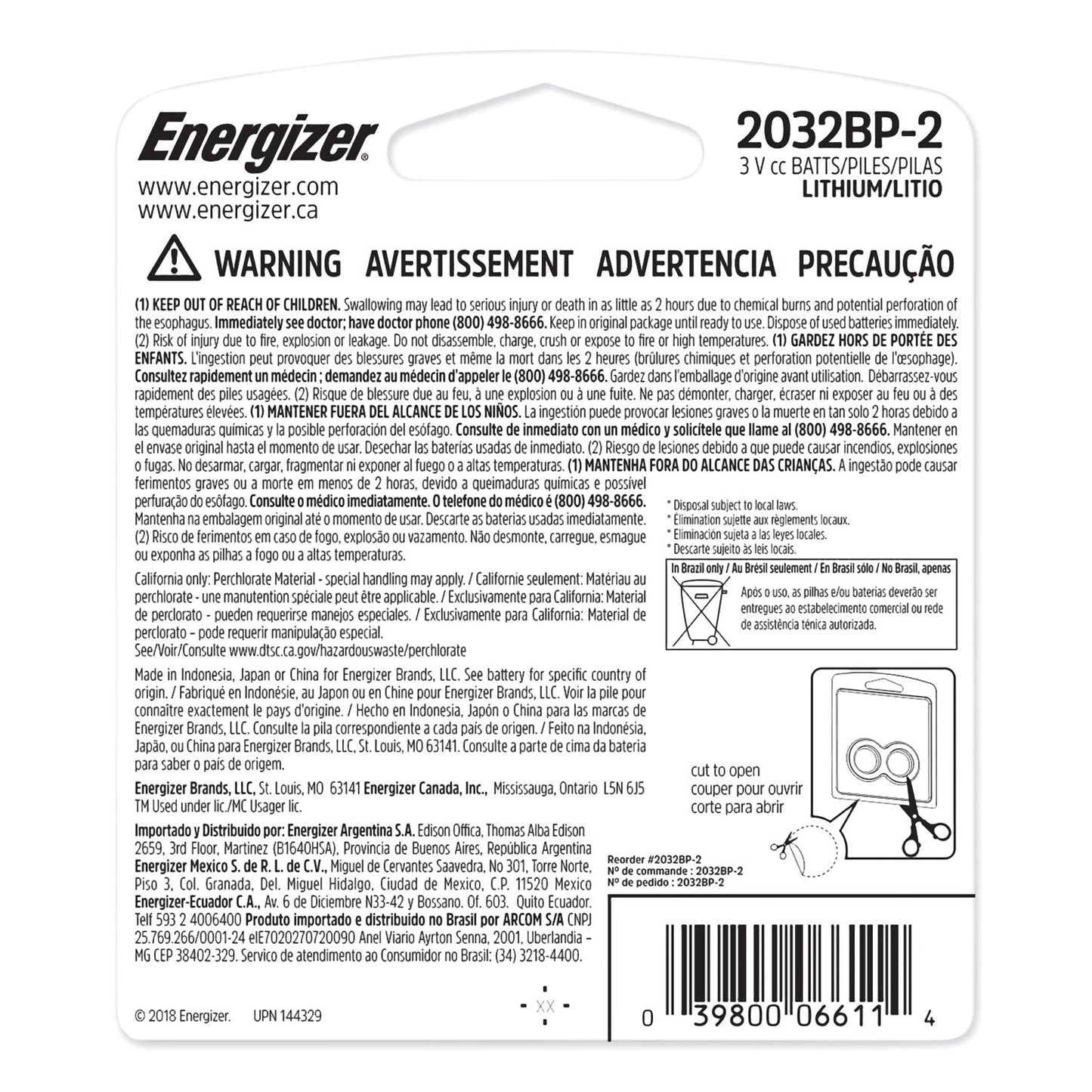Energizer 2032 Lithium Coin Battery, 3 V, 2/Pack