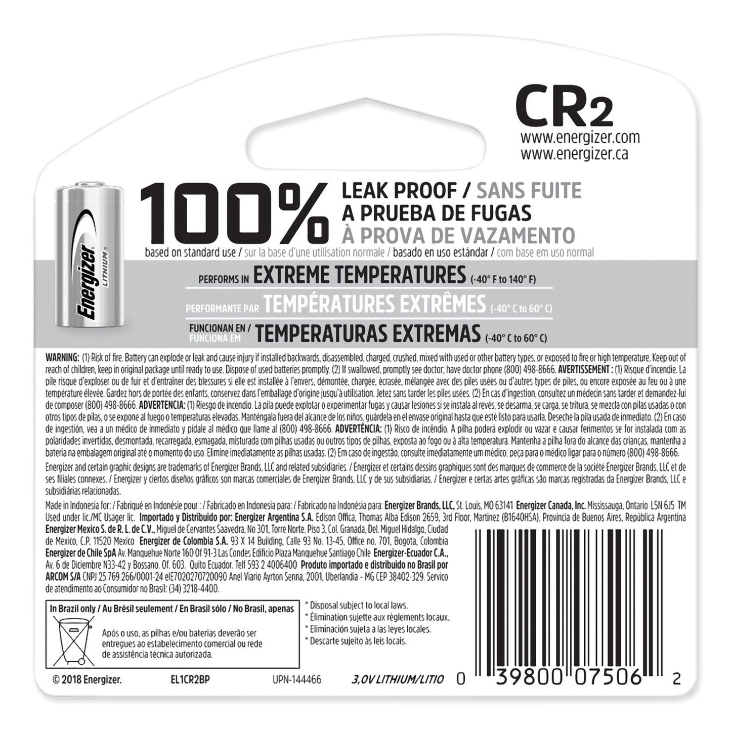 Energizer CR2 Lithium Photo Battery, 3 V