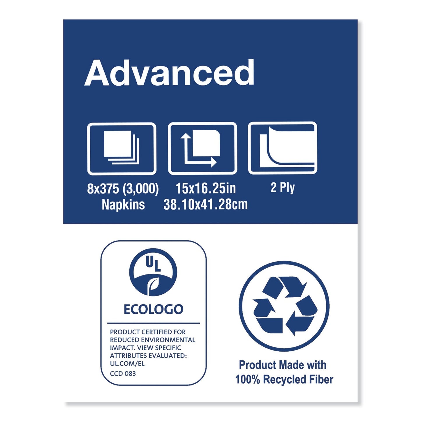 Tork Advanced Dinner Napkins, 2 Ply, 15" x 16.25", 1/8 Fold, White, 375/Packs, 8 Packs/Carton