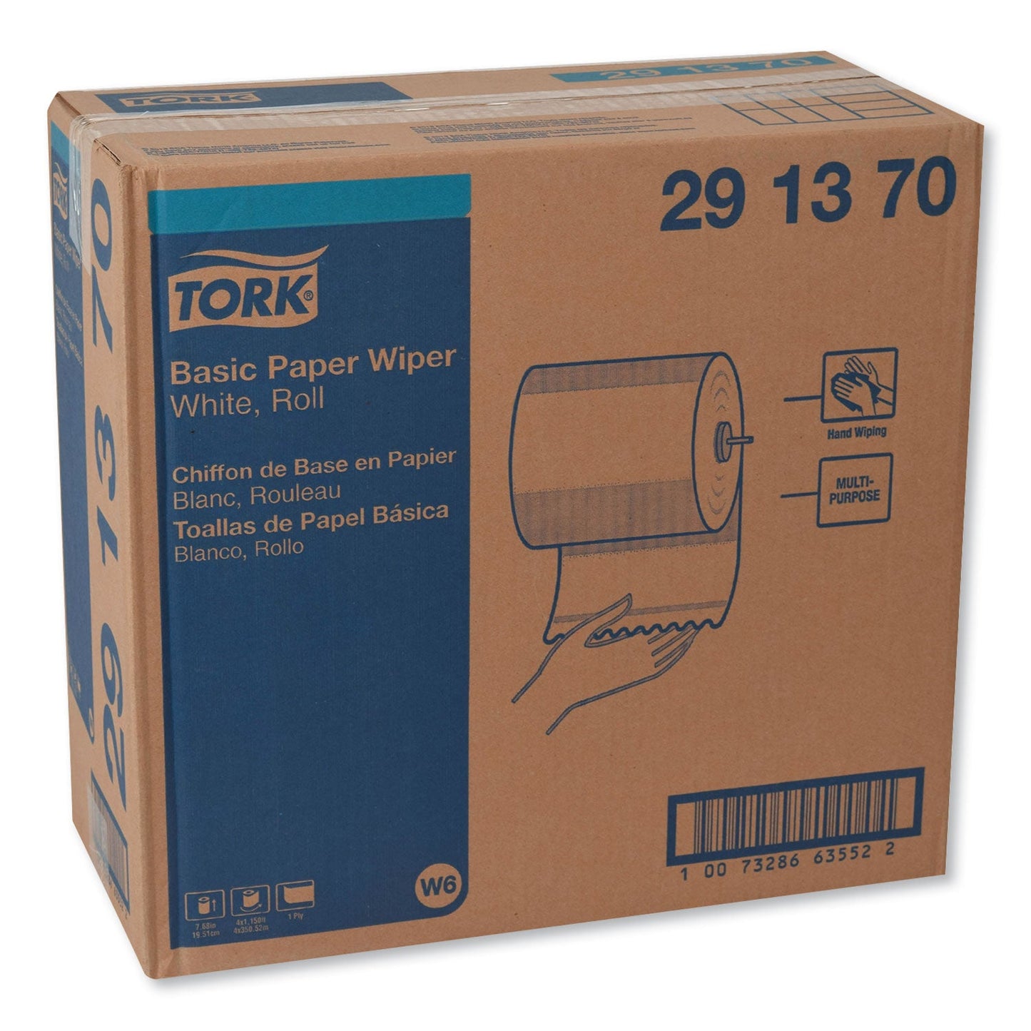 Tork Basic Paper Wiper Roll Towel, 7.68" x 1,150 ft, White, 4 Rolls/Carton