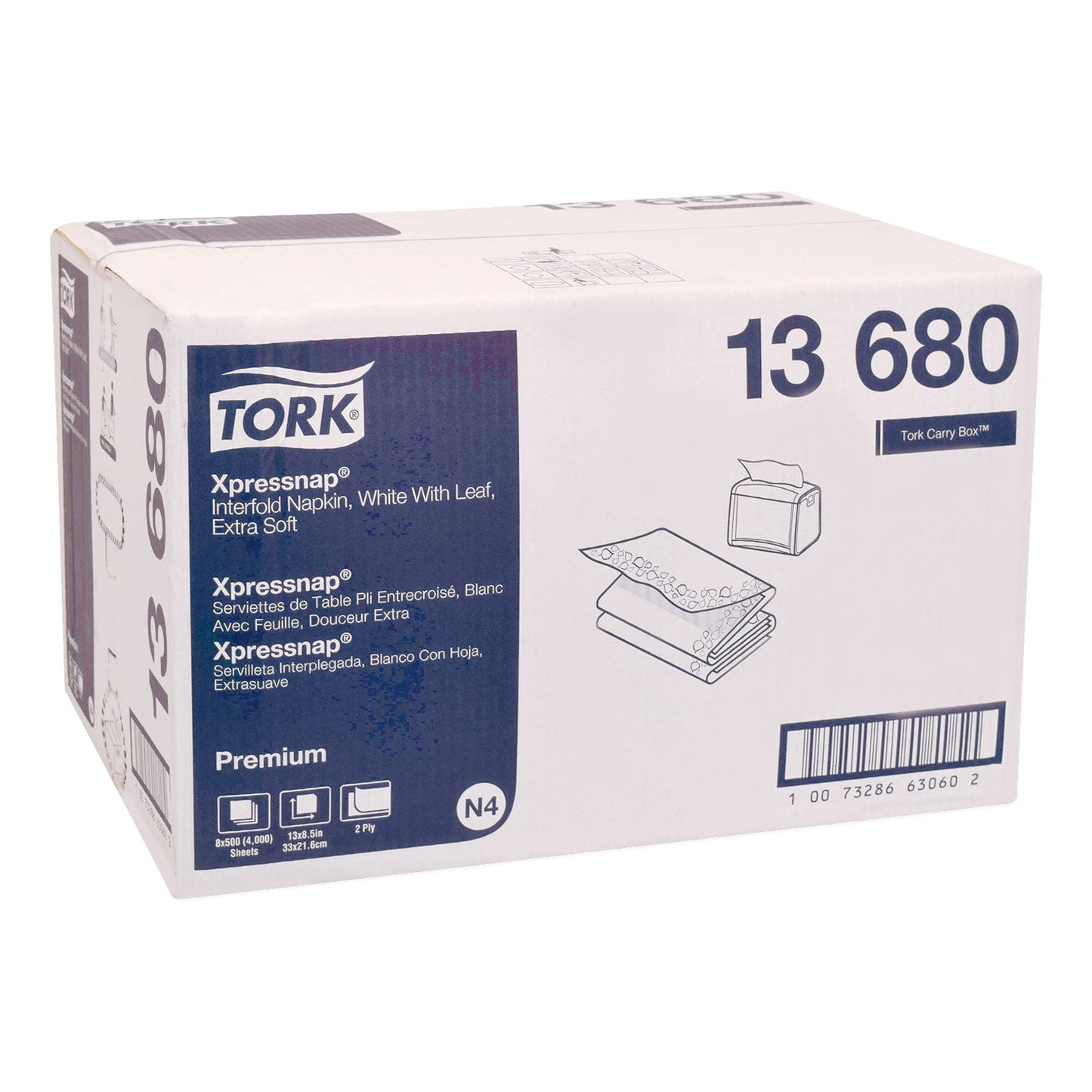 Tork Premium Xpressnap Interfold Dispenser Napkins, 2-Ply,13x8.5, White,500/PK,8PK/CT