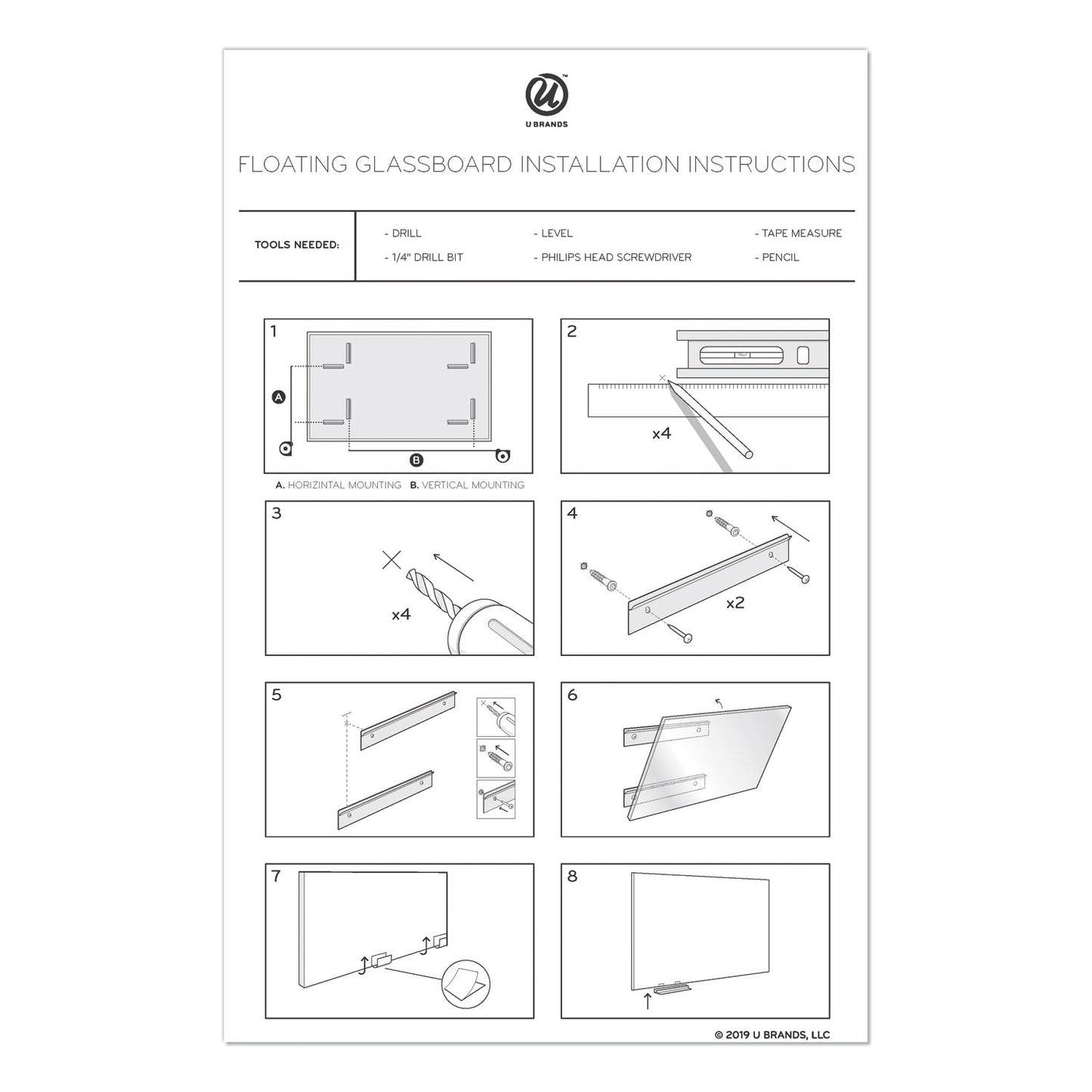 U Brands Floating Glass Dry Erase Board, 72 x 48, White
