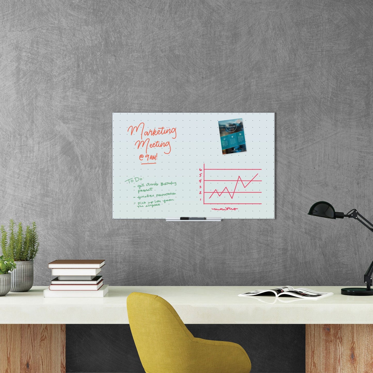 U Brands Floating Glass Ghost Grid Dry Erase Board, 36 x 24, White