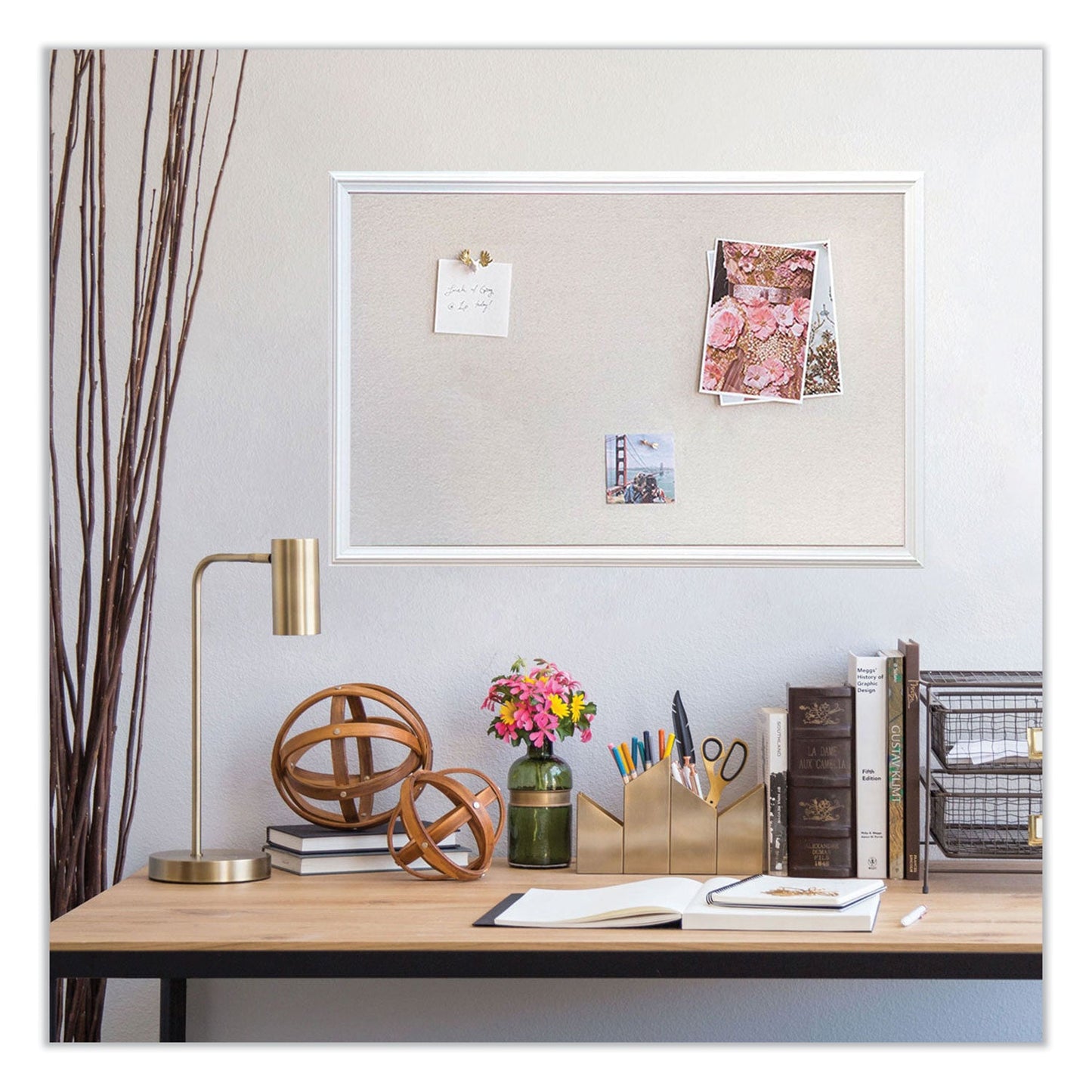U Brands Linen Bulletin Board with Decor Frame, 30 x 20, Natural Surface/White Frame