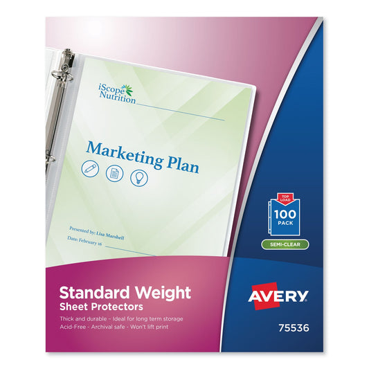 Avery Top-Load Sheet Protector, Standard, Letter, Semi-Clear, 100/Box