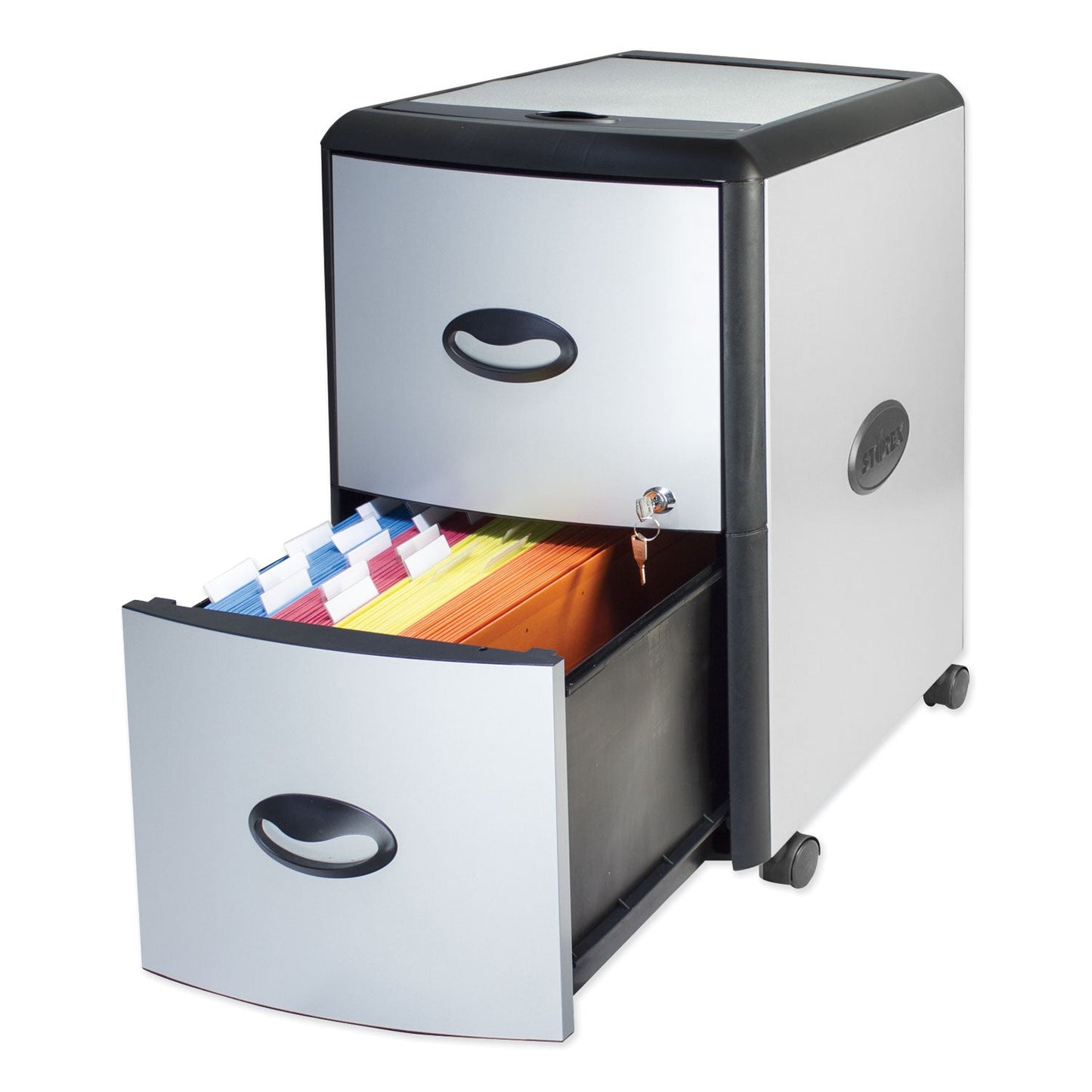 Storex Mobile Filing Cabinet with Metal Siding and Top-Drawer Organizer Tray, 2 Letter File Drawers, Silver/Black, 19" x 15" x 23"