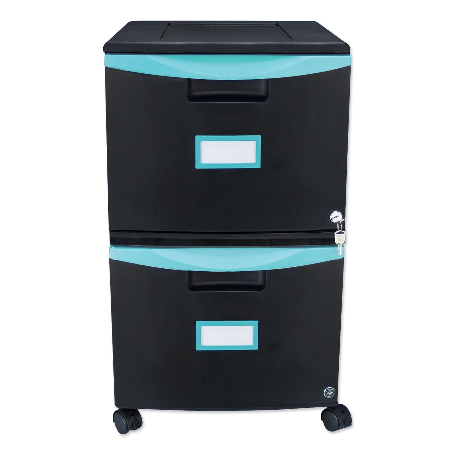 Storex Two-Drawer Mobile Filing Cabinet, 2 Legal/Letter-Size File Drawers, Black/Teal, 14.75" x 18.25" x 26"