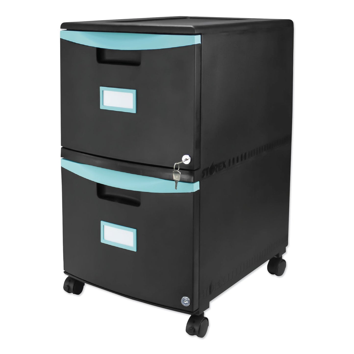 Storex Two-Drawer Mobile Filing Cabinet, 2 Legal/Letter-Size File Drawers, Black/Teal, 14.75" x 18.25" x 26"